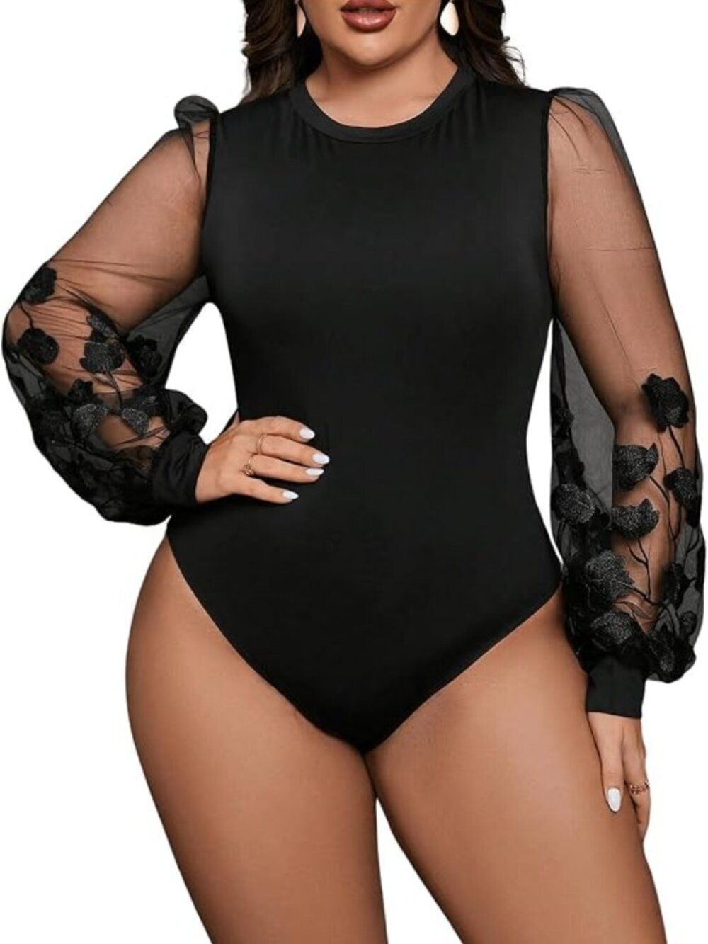 Plus Size Black Sheer Floral Bodysuit | Mesh Bishop Sleeve Going Out Top